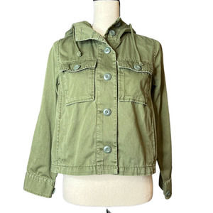 Madewell Short Hooded Jacket in Army Green Button Up with Pockets Size XXS